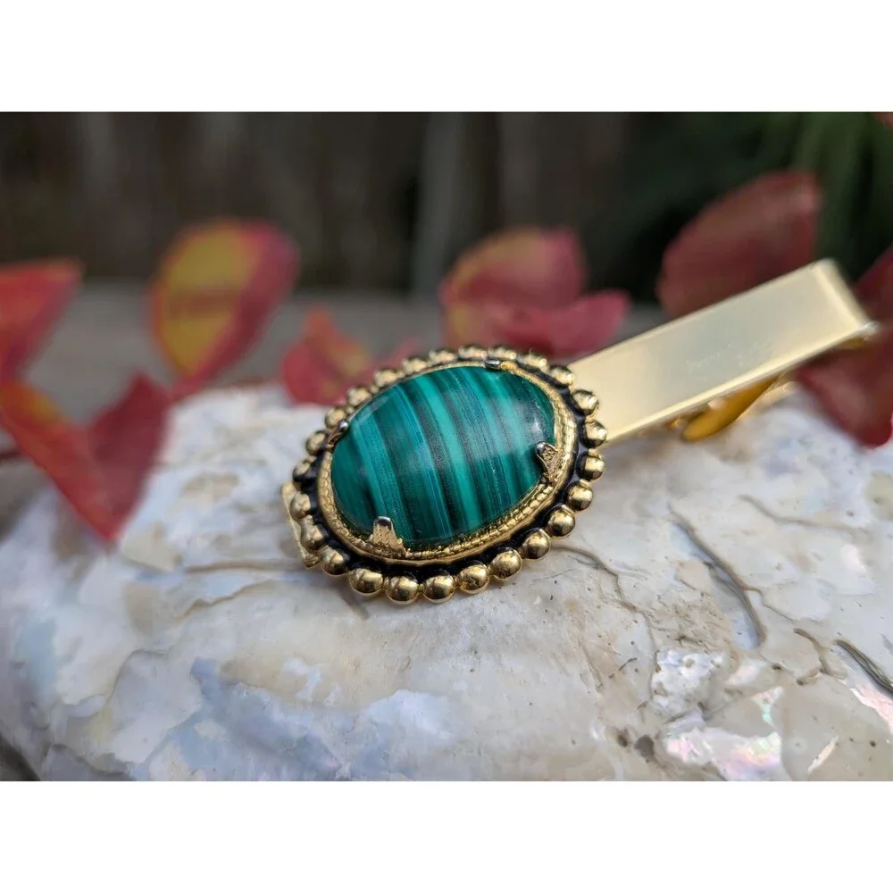 Vintage Malachite Cabachon Tie Bar, Mens Dressware Accessories